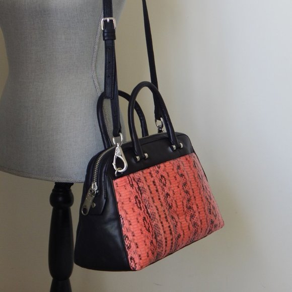 MILLY Black Lambskin Dome Coral Watersnake Panel Embellished LG Satchel Bag NWT - Picture 4 of 16